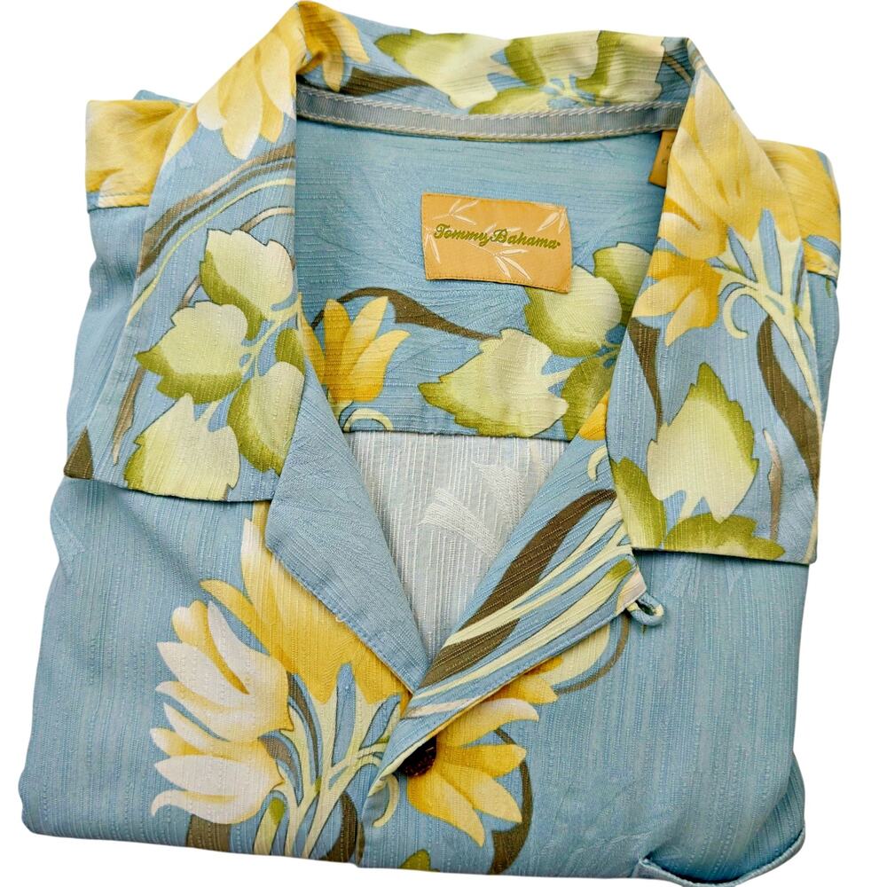 Tommy Bahama Silk Blue Yellow Floral Hawaiian Button Down Camp Shirt XLX